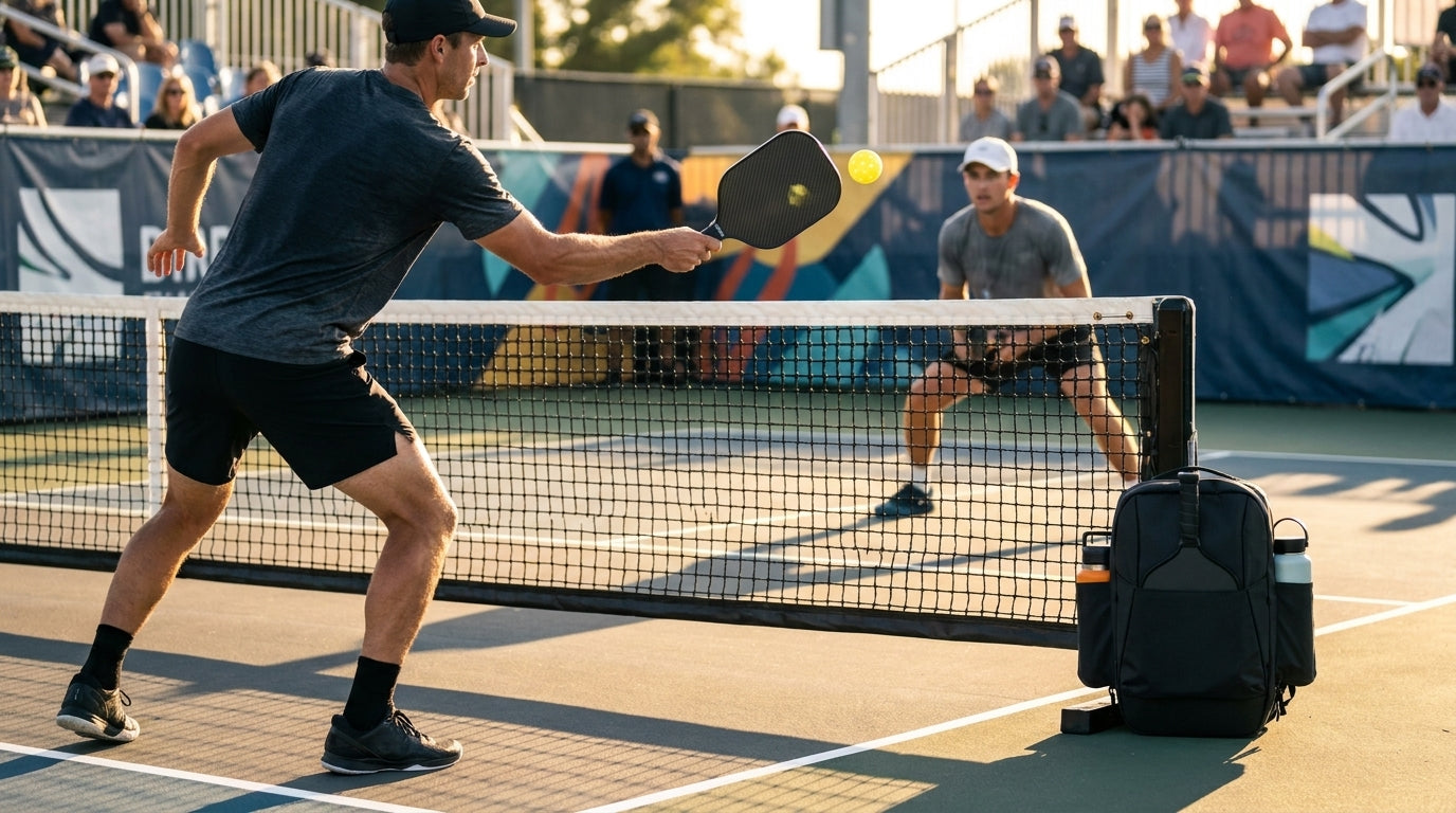 Competitive pickleball tournament — two players battling on an outdoor tournament court