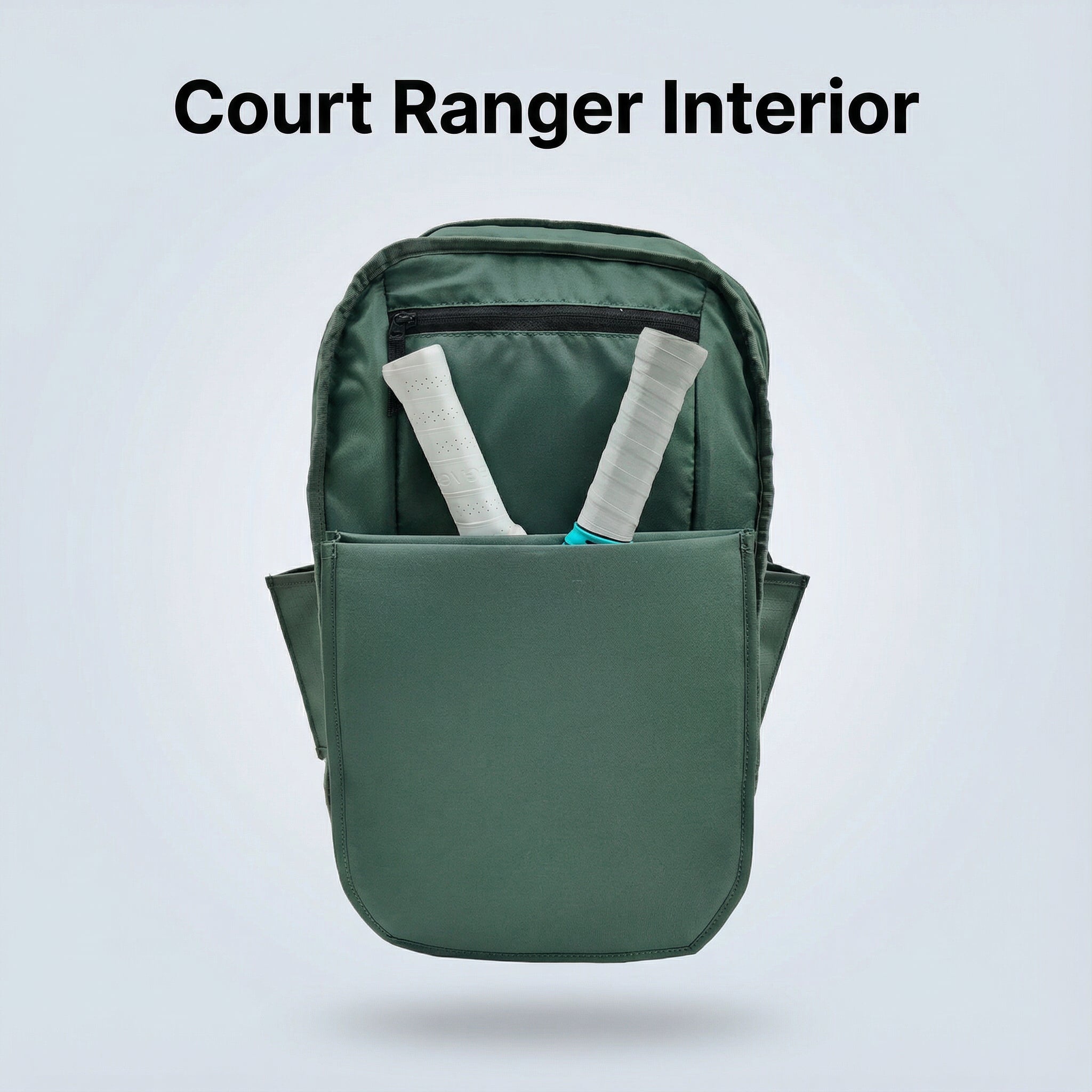 Green backpack with interior pocket on a light gray background