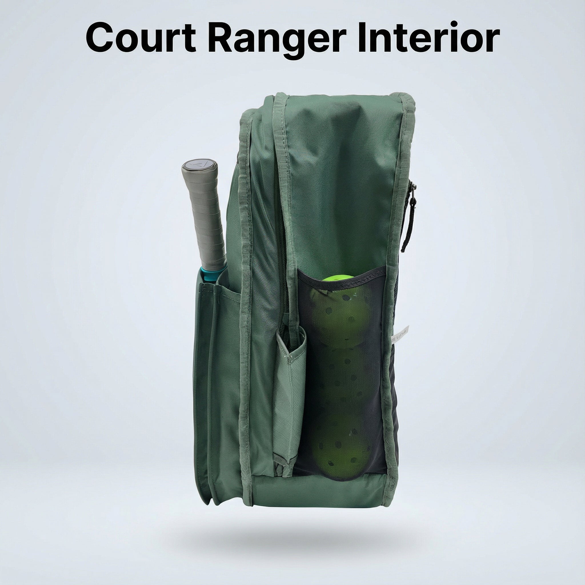 Green backpack with tennis racket and balls on a white background, labeled 'Court Ranger Interior'.