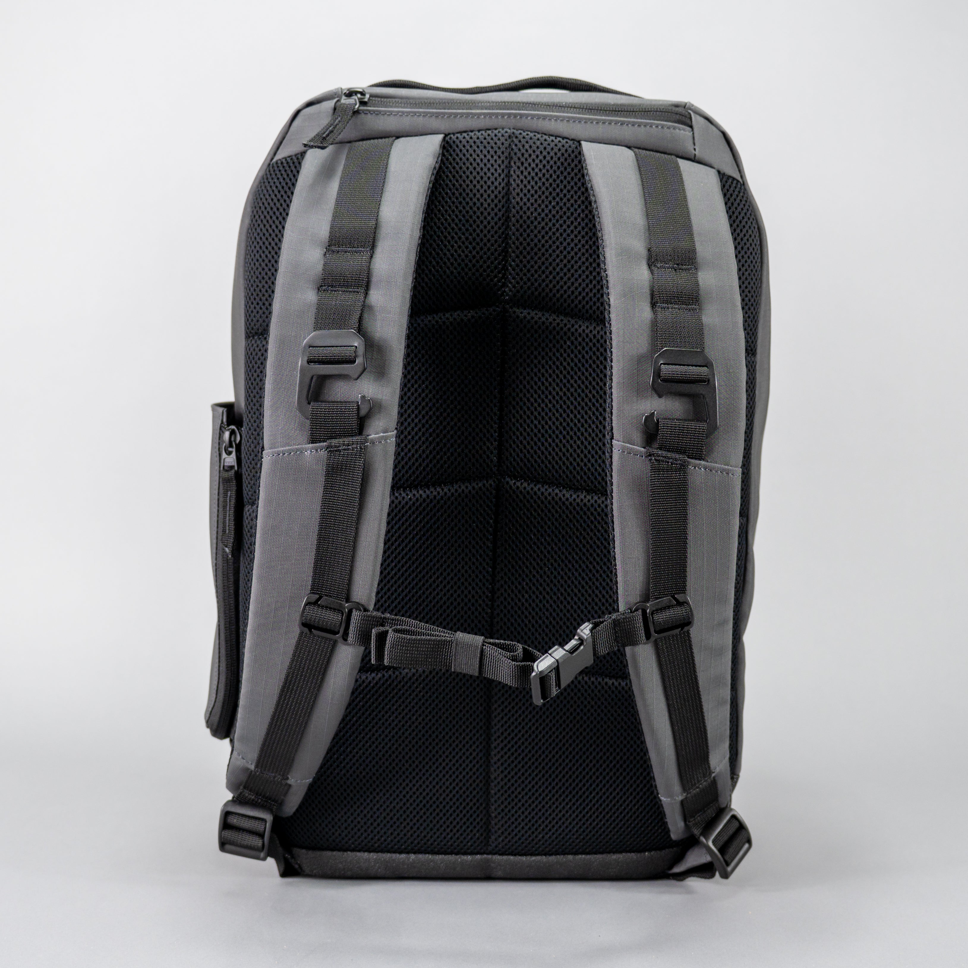 Backpack with black and gray compartments on a white background