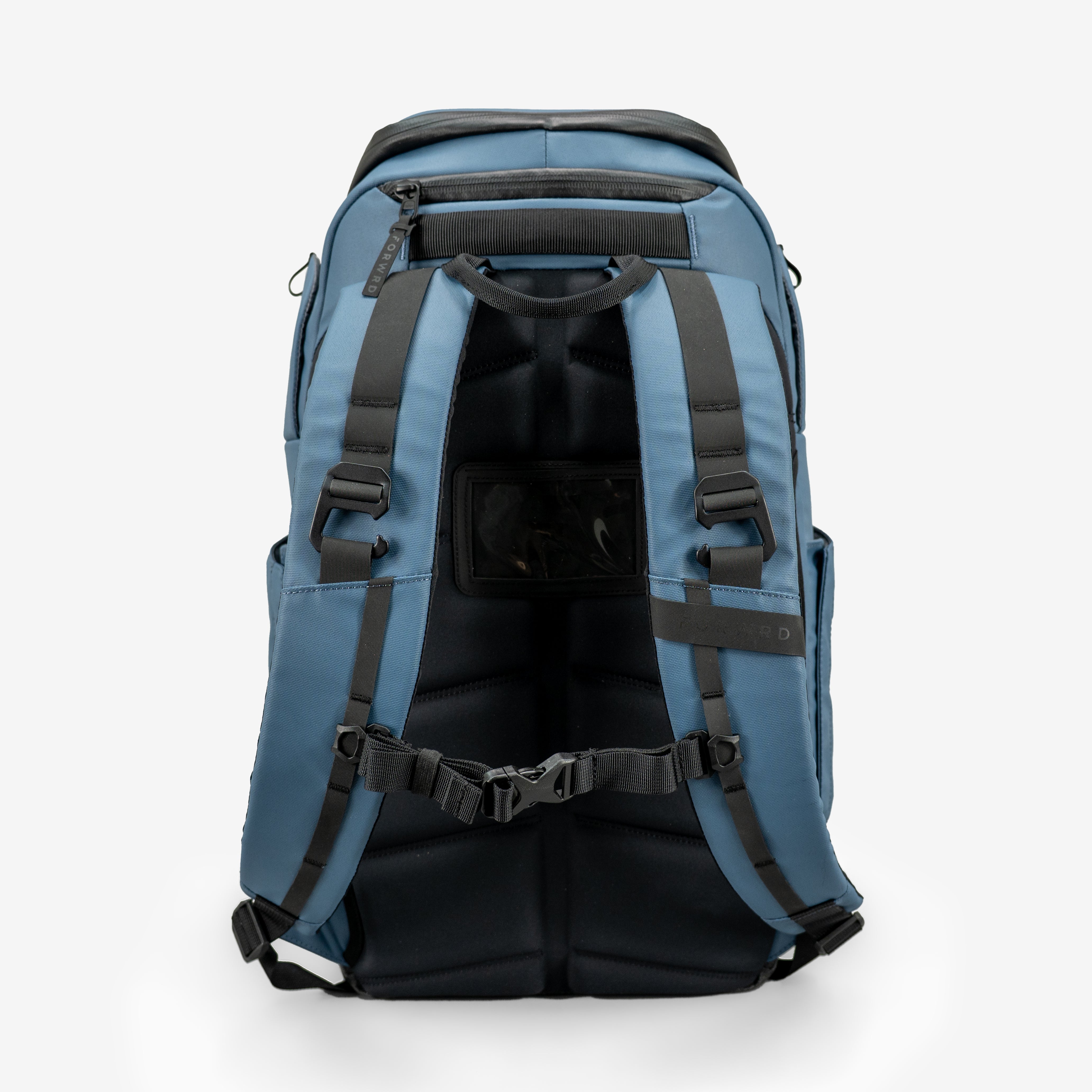 Blue backpack with black straps on a white background