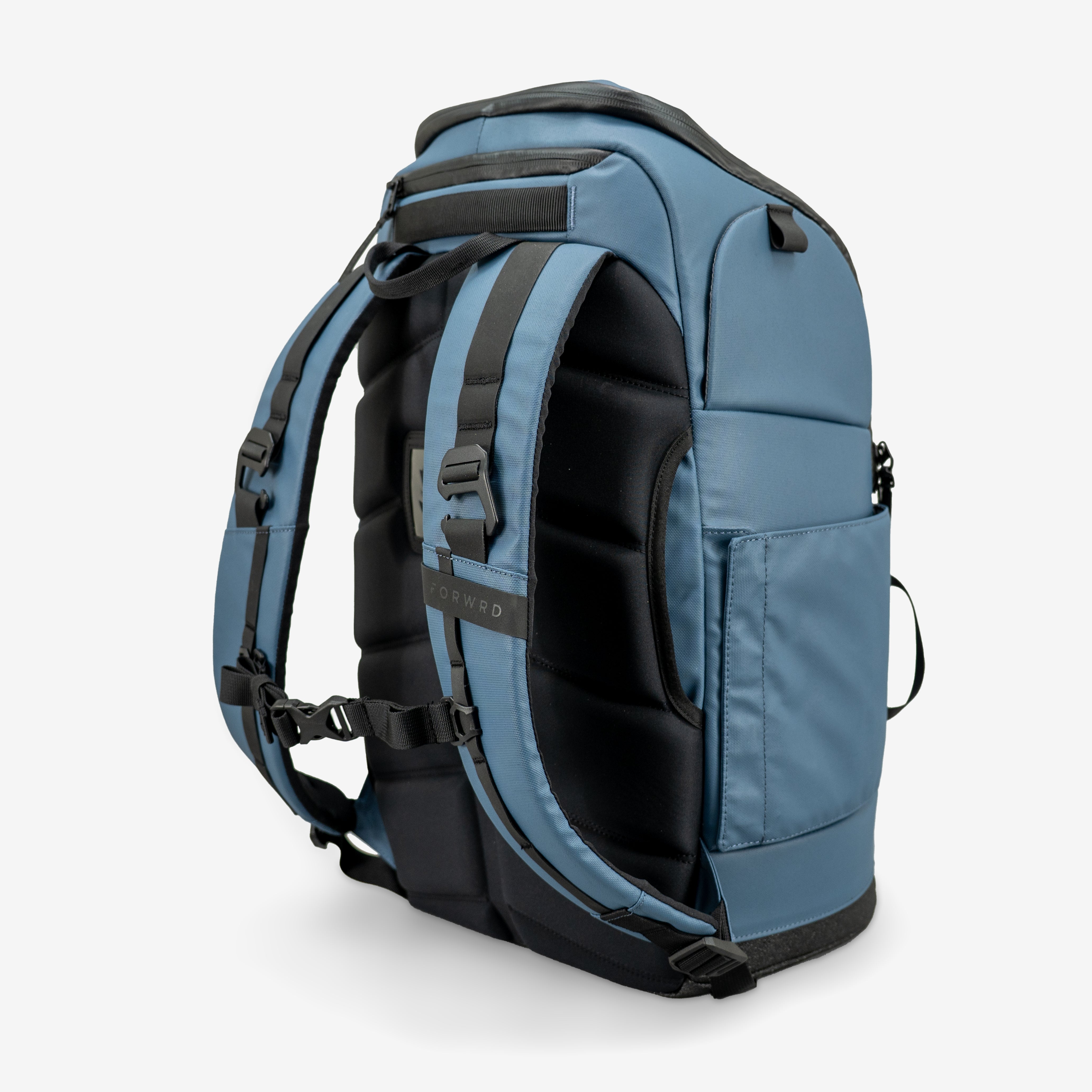Blue backpack with black accents on a white background