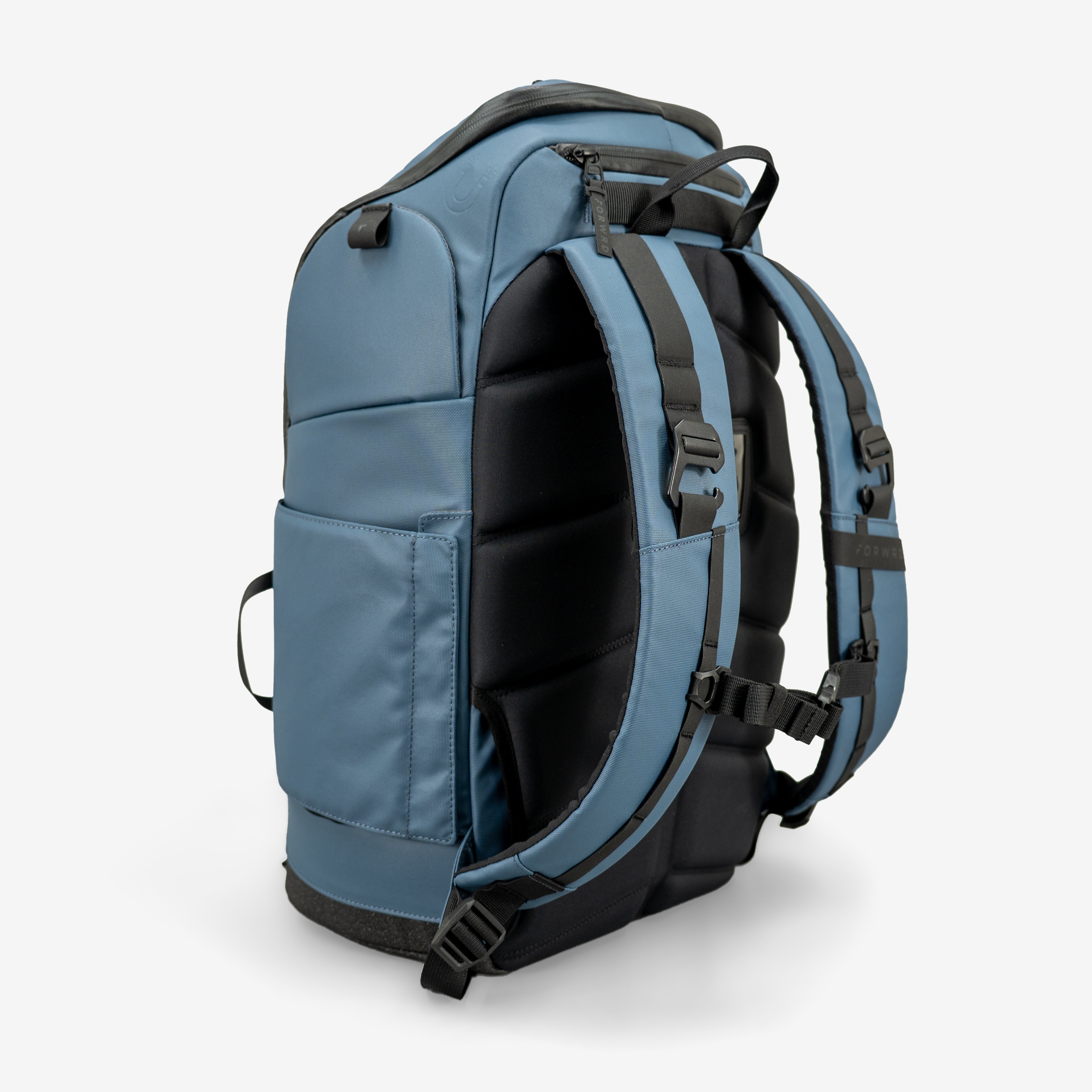 Blue backpack with black straps on a white background