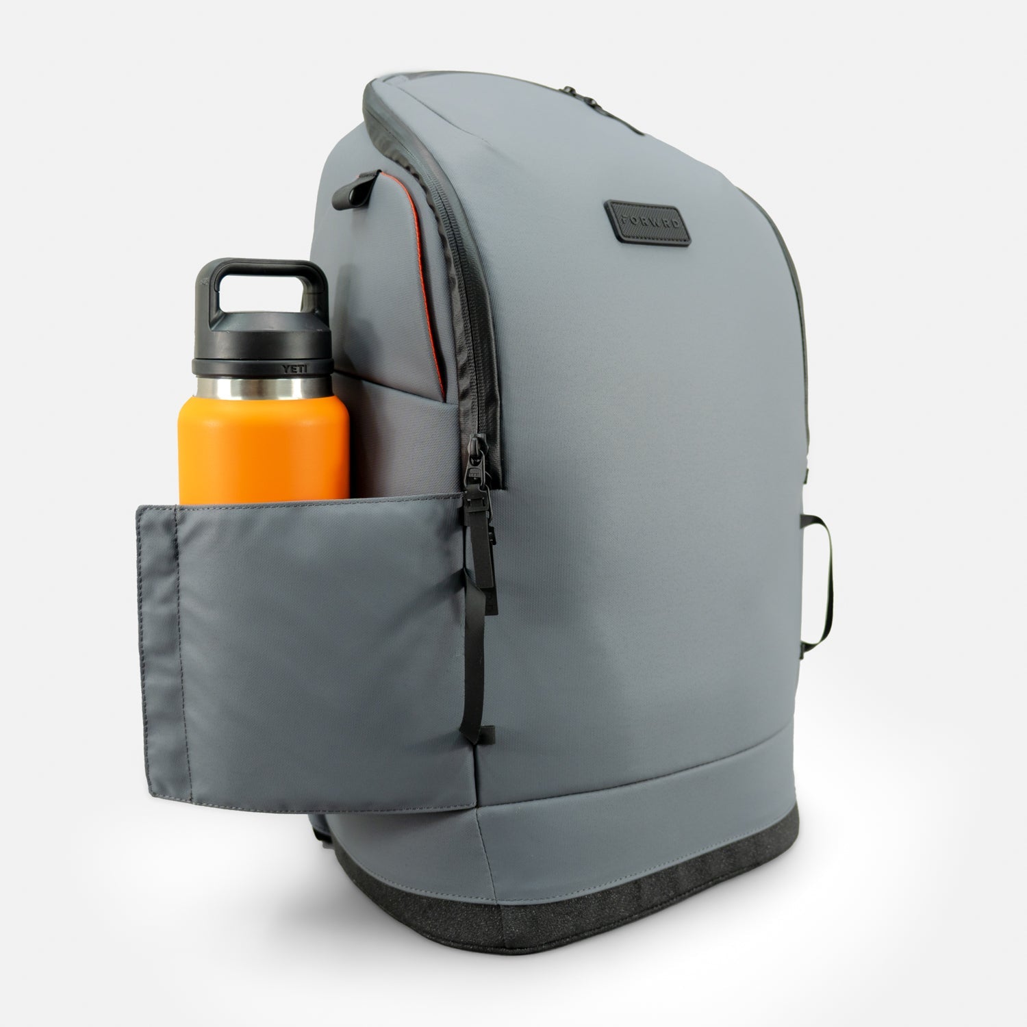 Gray backpack with an orange water bottle in a pocket on a white background