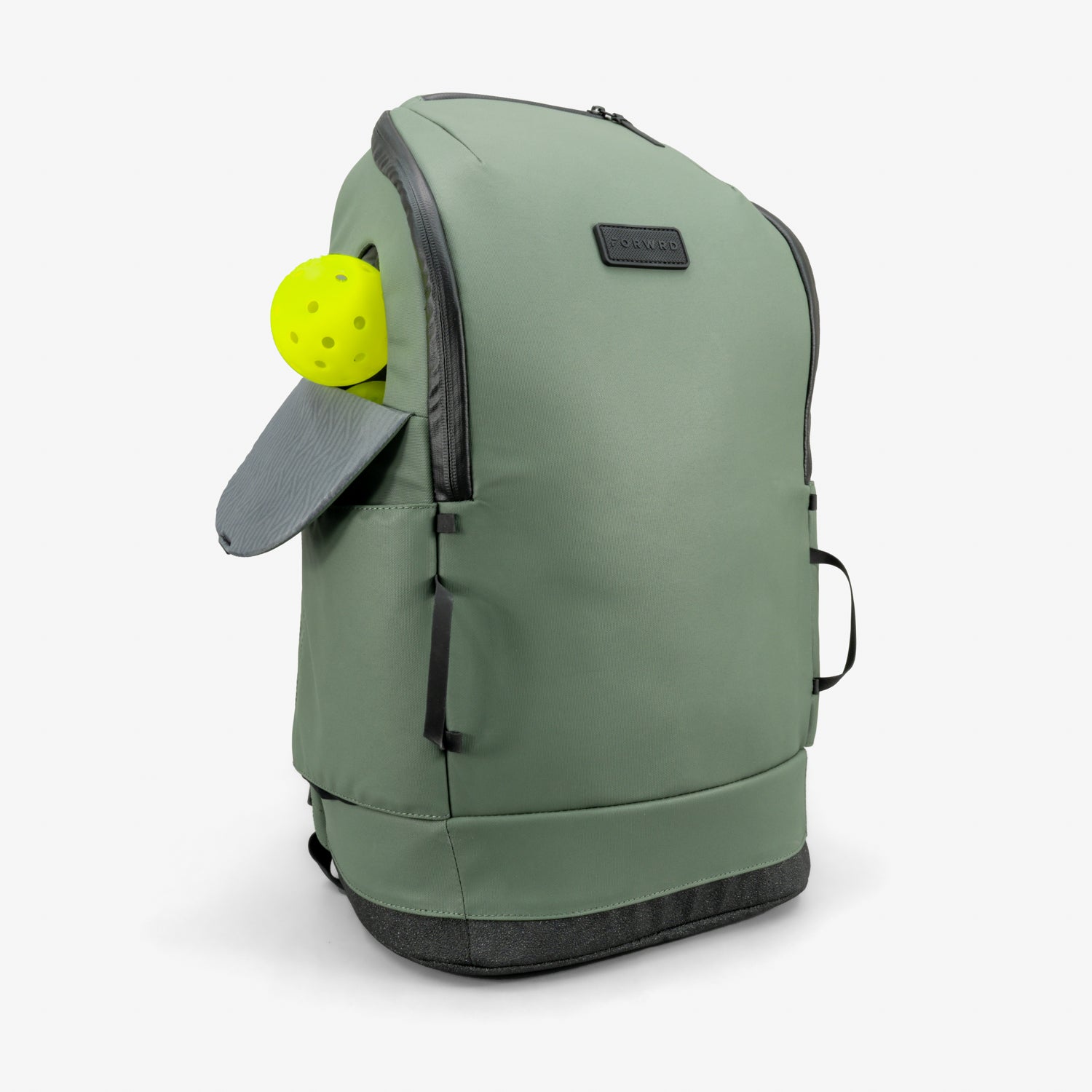 Green backpack with a paddle and yellow ball on a white background