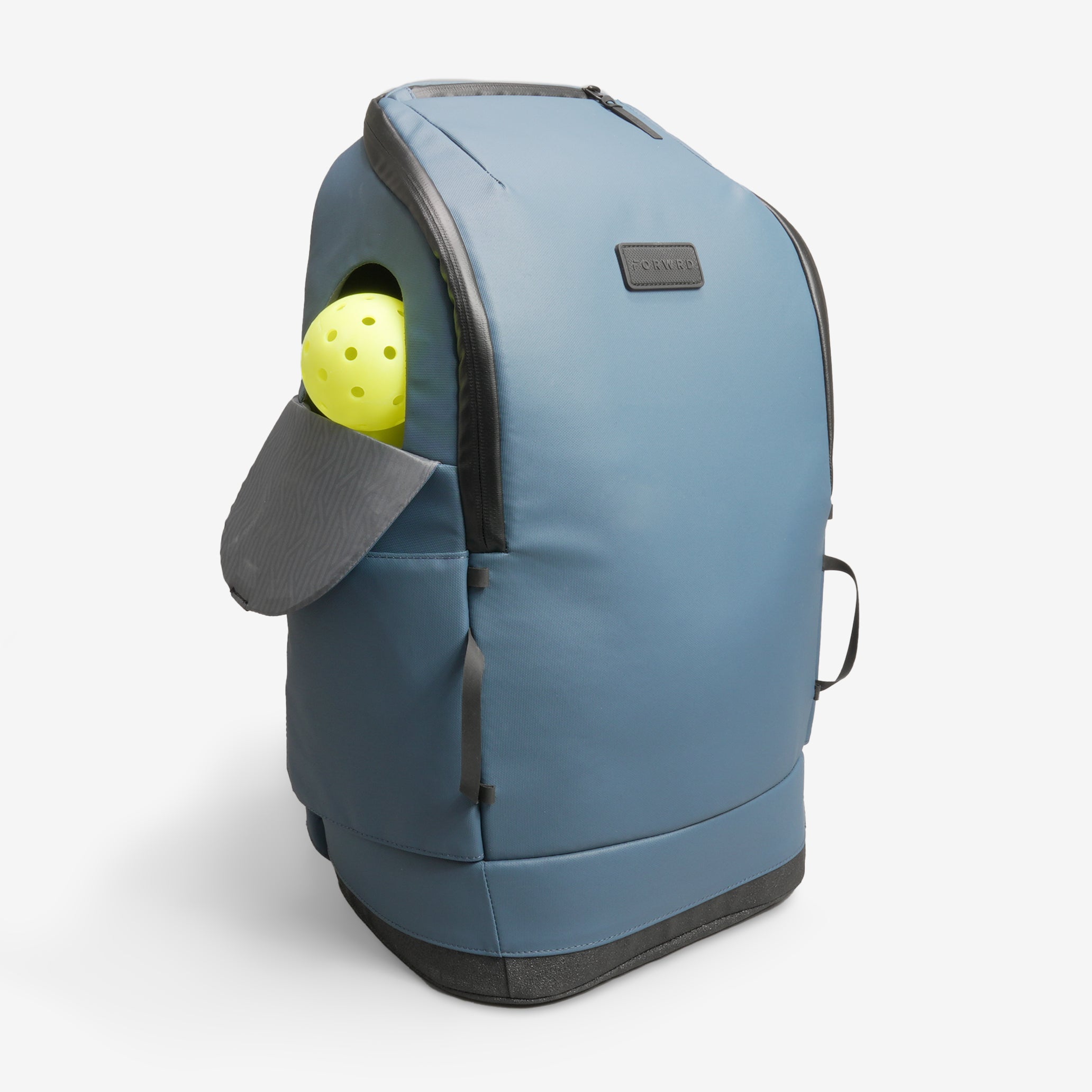 Blue backpack carrier with a yellow ball inside on a white background