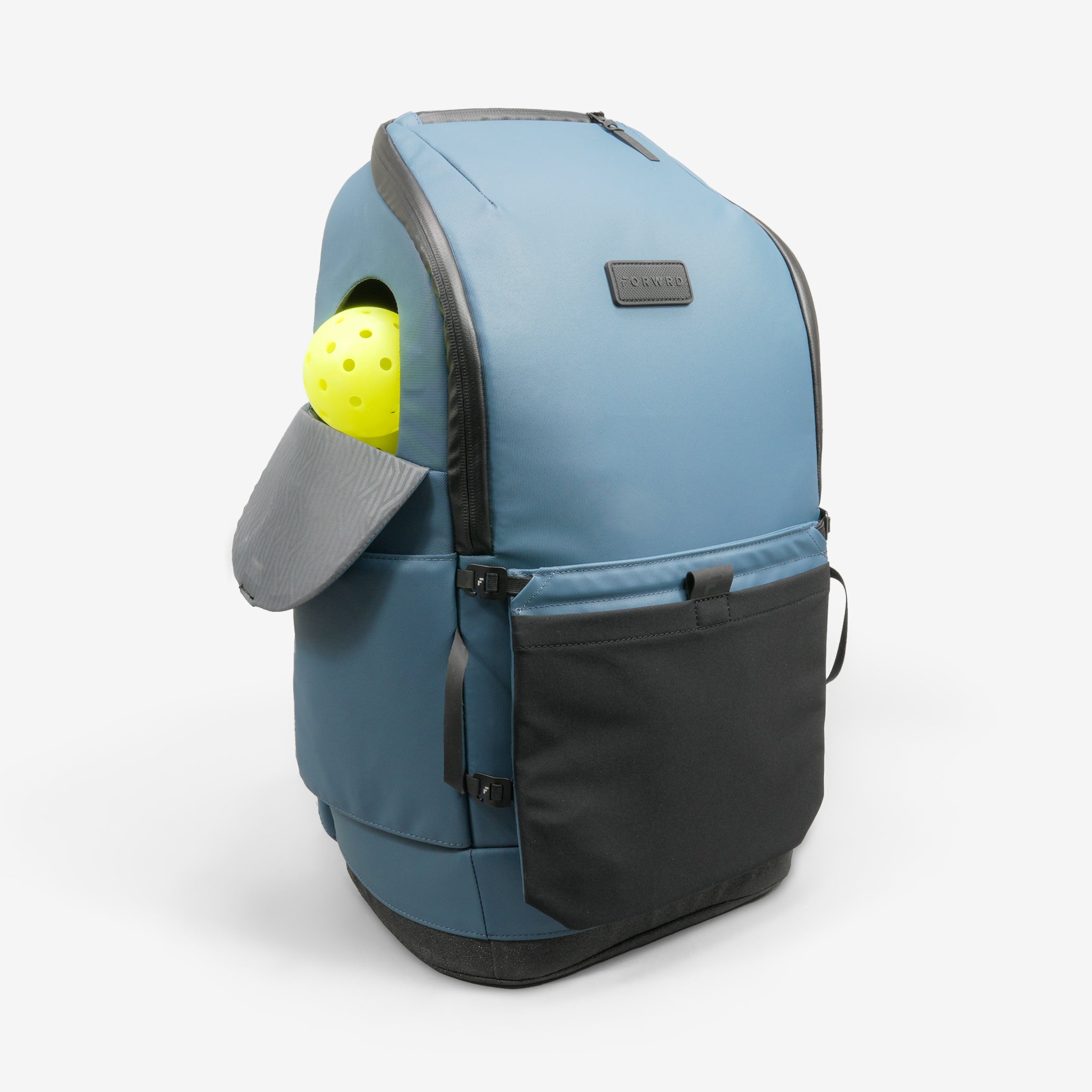 Blue pickleball carrier with a yellow ball on a white background