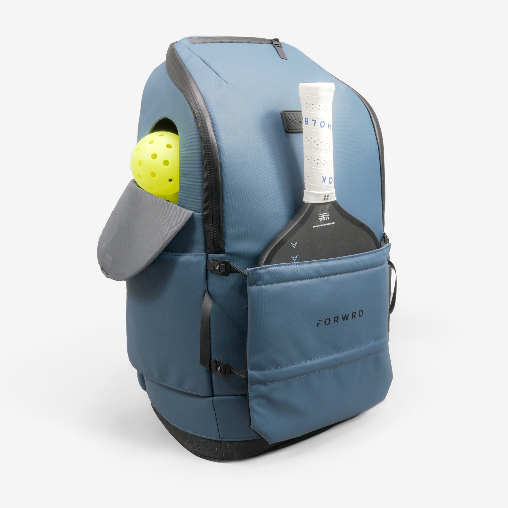 Blue backpack with sports equipment on a white background