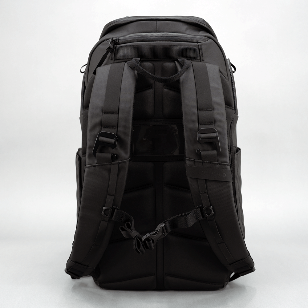 Black backpack on a white background