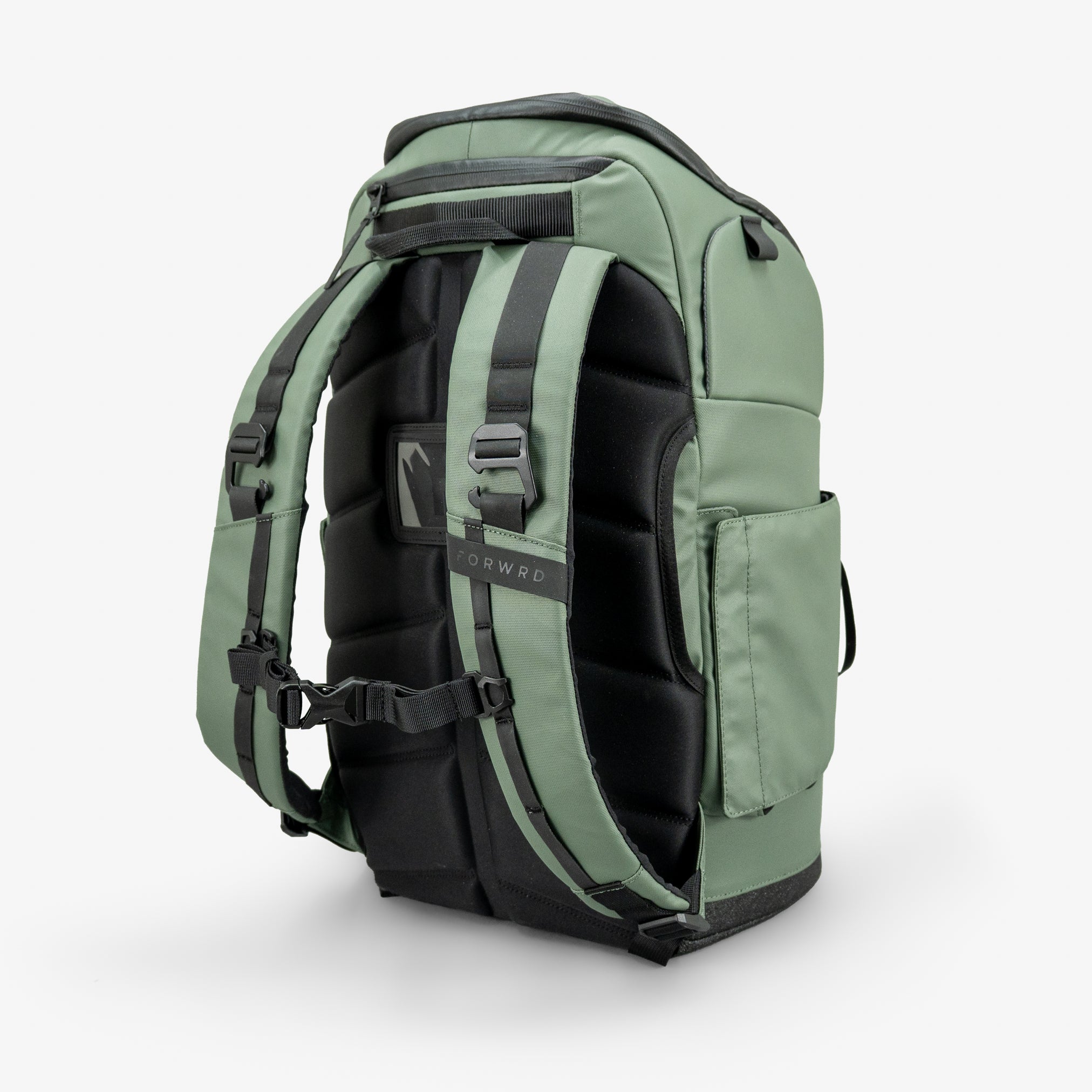 Green backpack with black straps on a white background