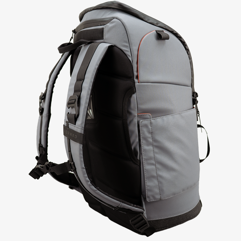 Gray backpack with black accents on a white background
