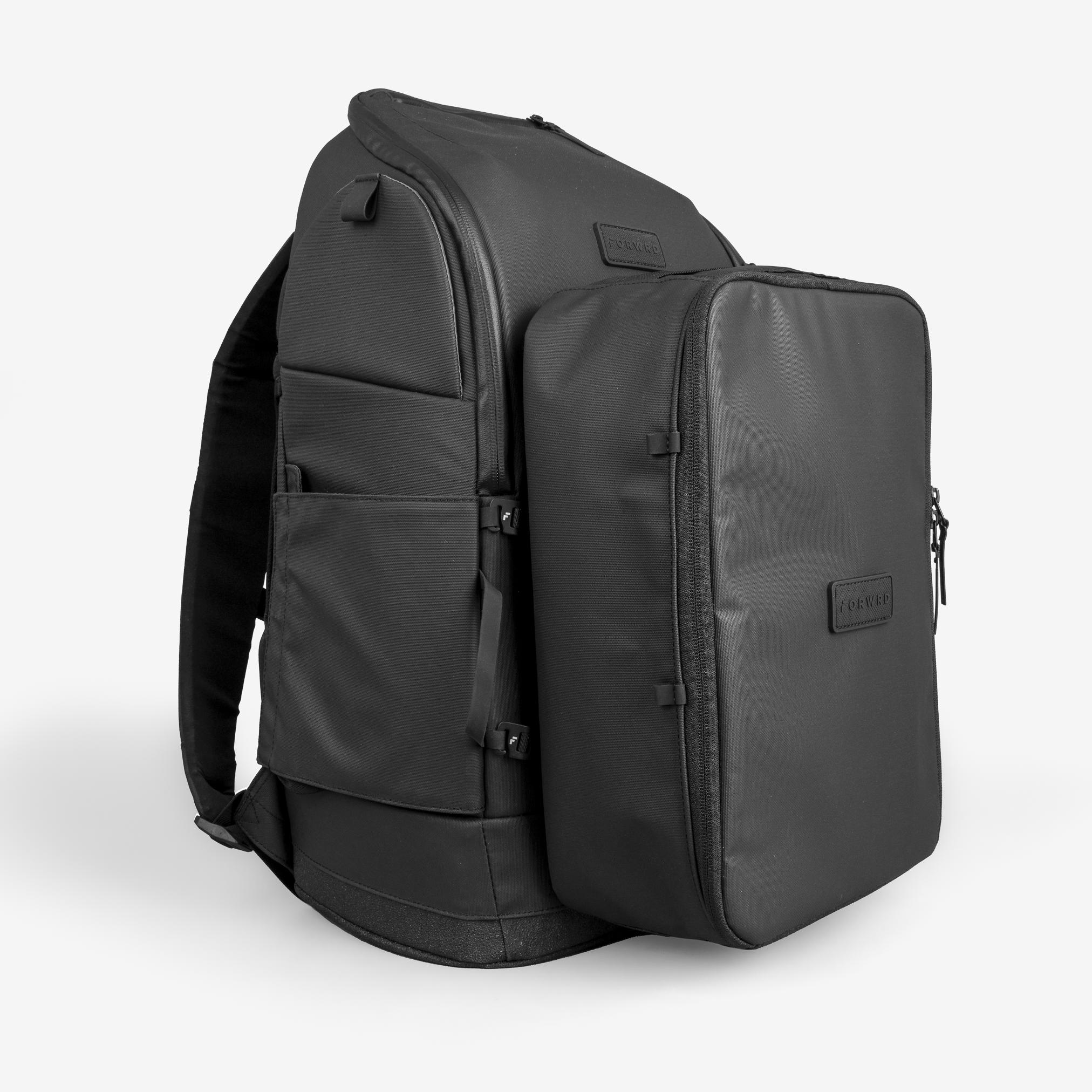 Black FORWRD pickleball bag shown with attached modular shoe cube for expanded storage and gear organization