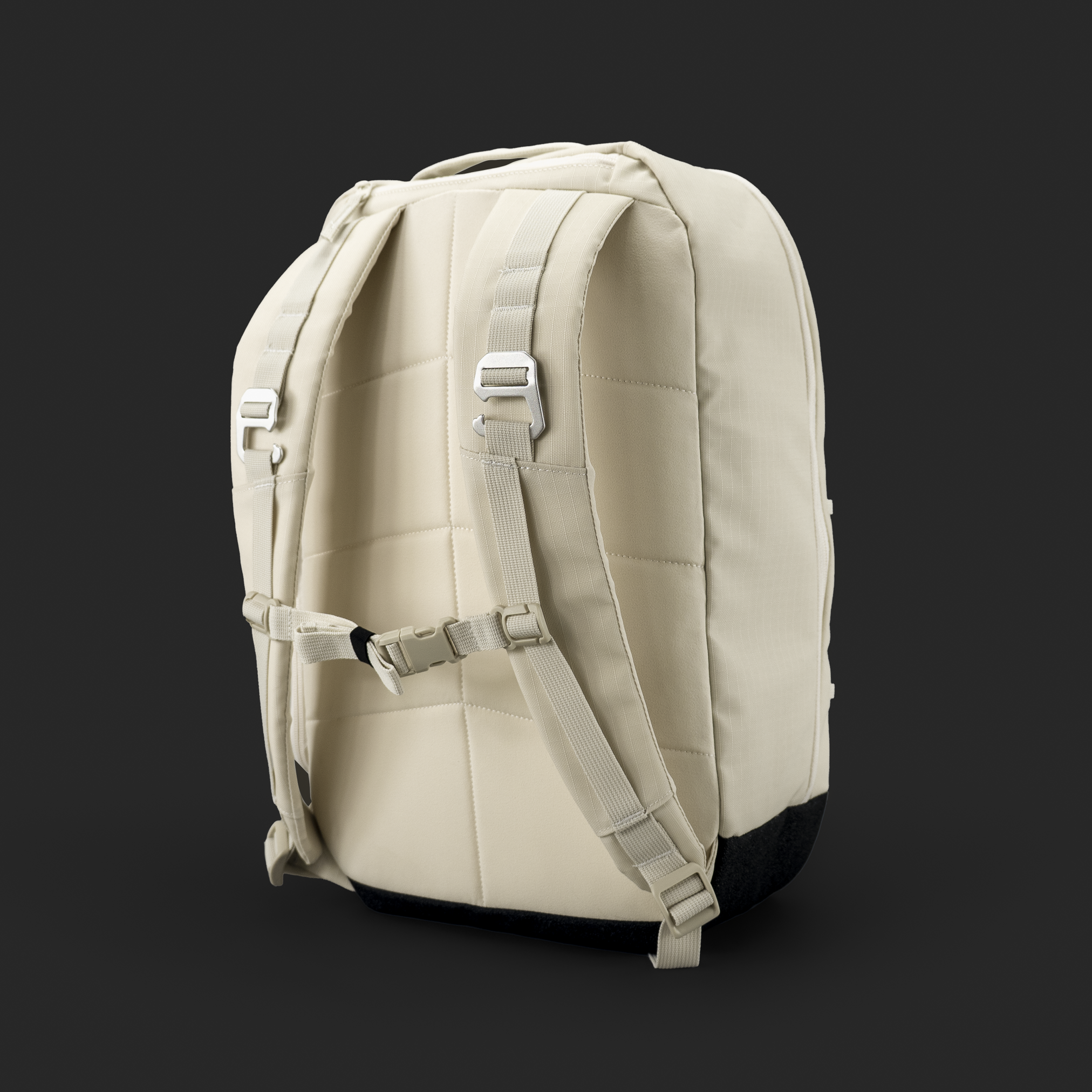 Close-up rear angle of bone FORWRD Ranger pickleball bag highlighting padded back panel, sternum strap, and aluminum fence hooks