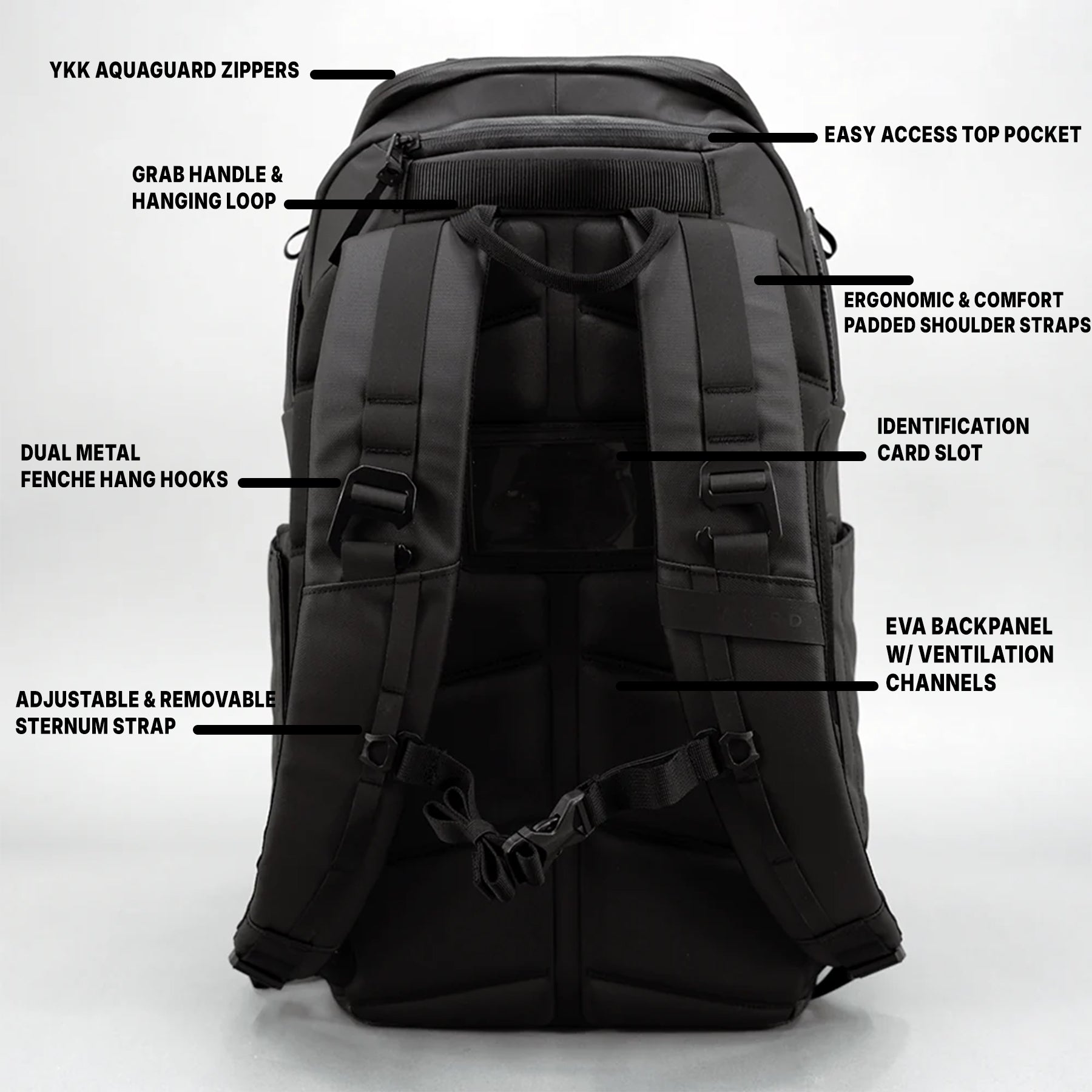Rear view of black FORWRD pickleball bag highlighting ergonomic straps, ventilation backpanel, sternum strap, and storage features