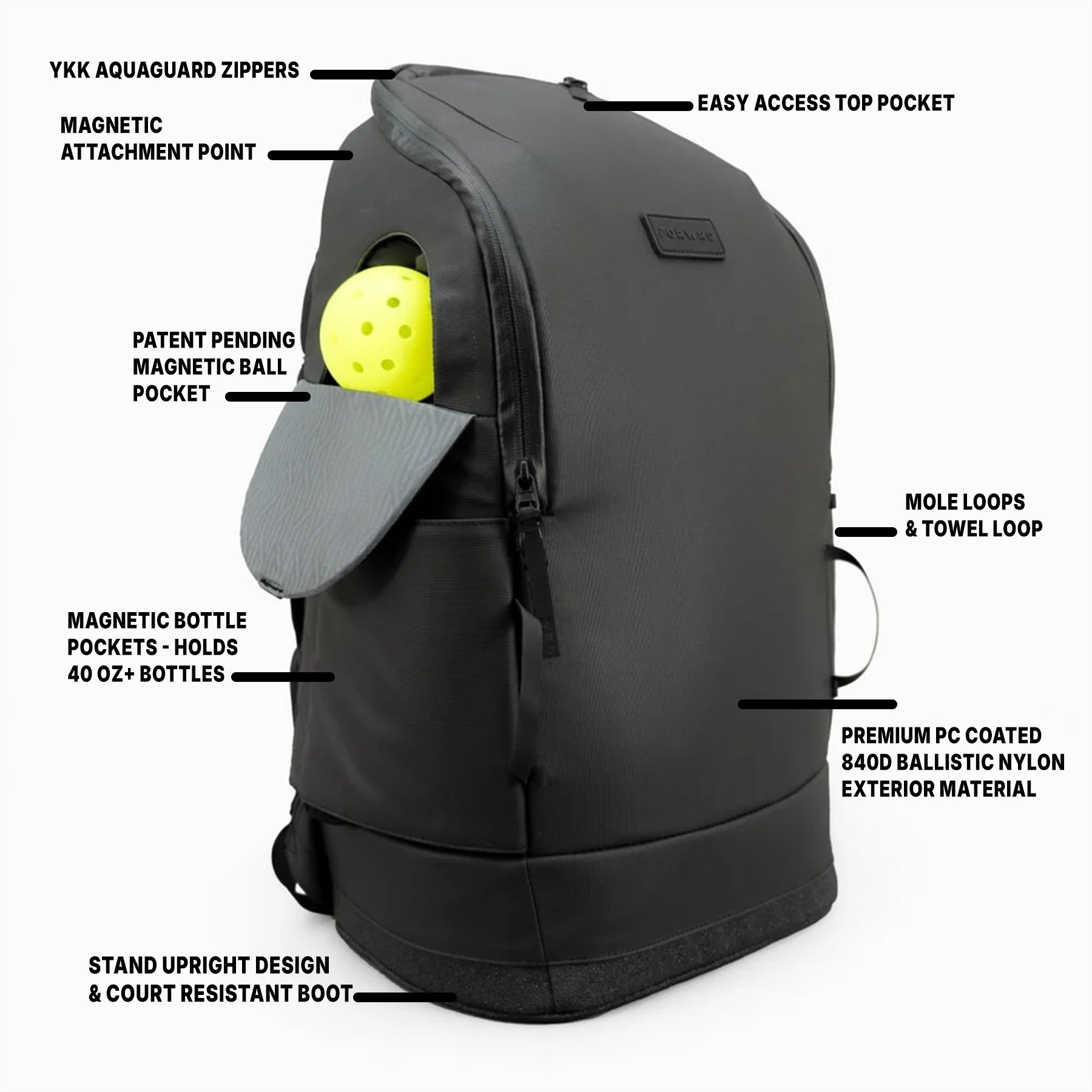 Side view of black FORWRD pickleball bag showcasing magnetic ball pocket, bottle holder, towel loop, and durable upright design