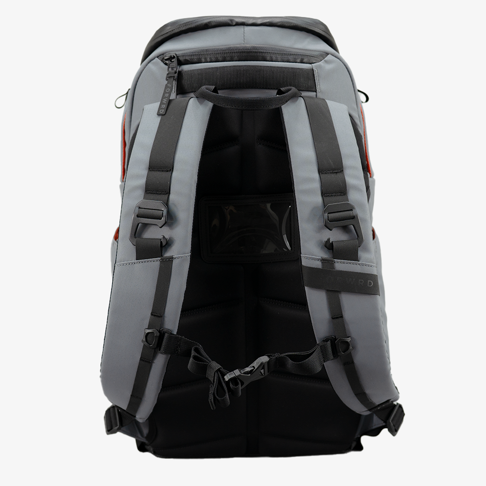 Gray and black backpack with multiple straps on a white background