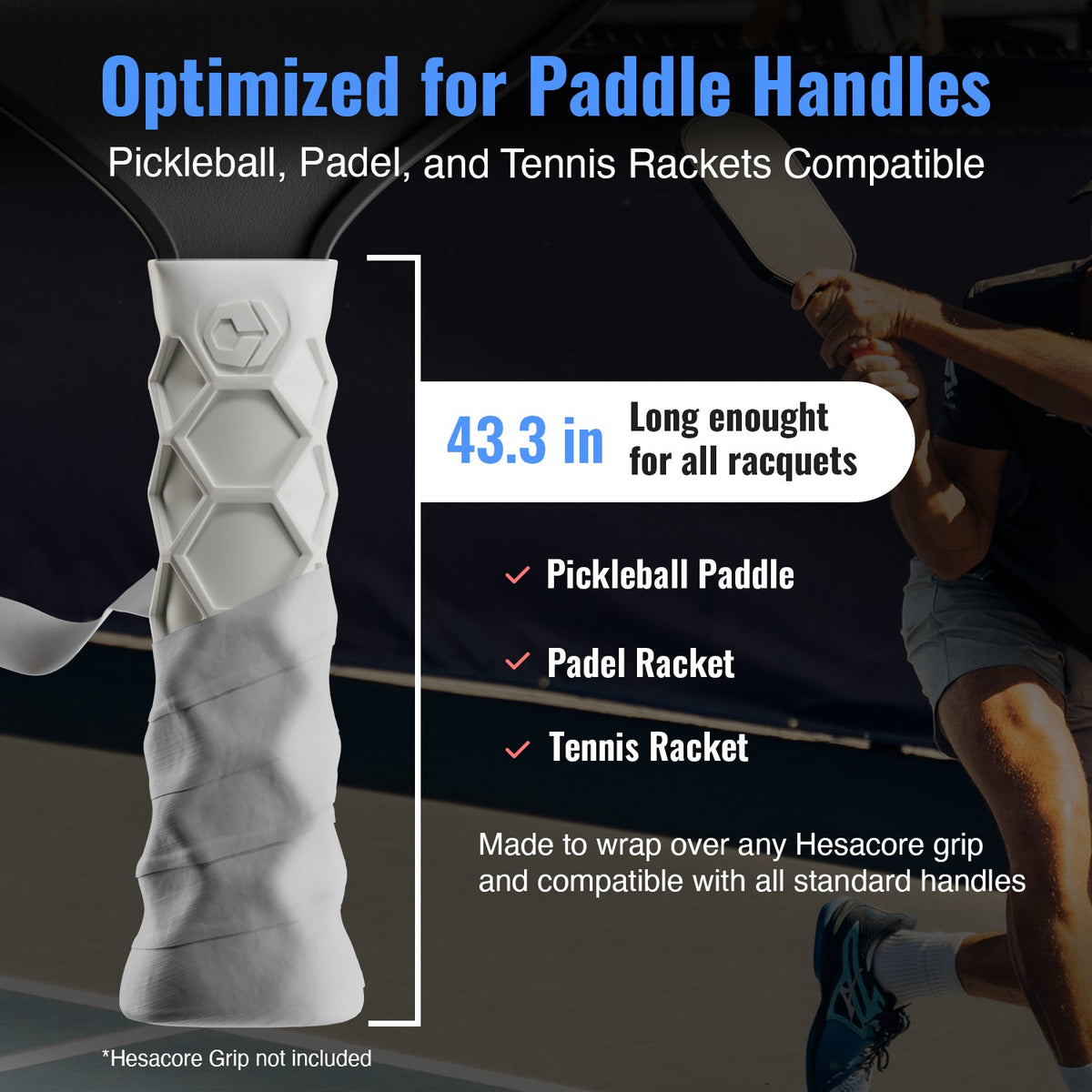 Grip for pickleball, padel, and tennis rackets with text on compatibility and dimensions.