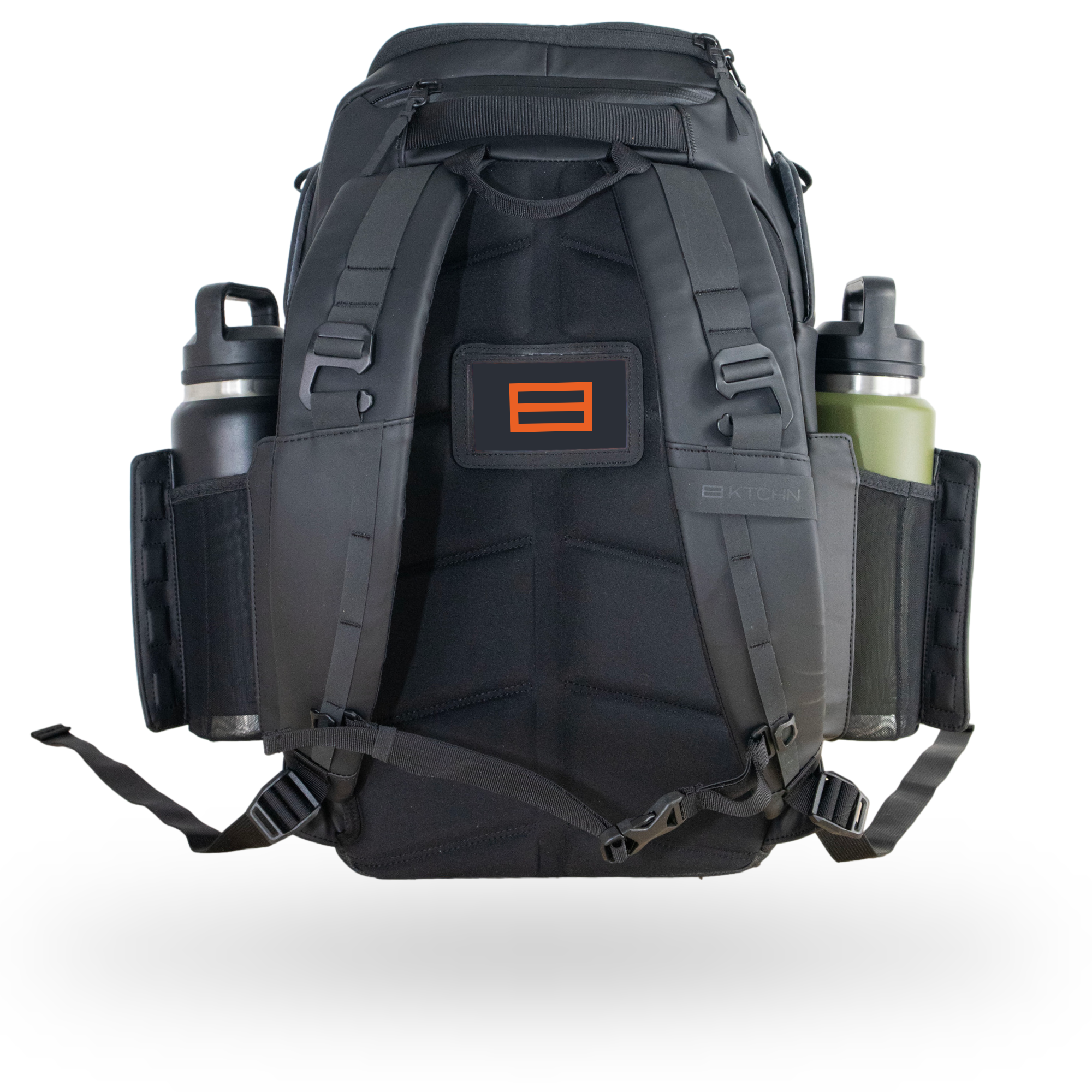 A black backpack with padded shoulder straps, two side pockets each holding a water bottle, and a small rectangular orange logo on the back panel. The bottom straps are unbuckled and hang loose.