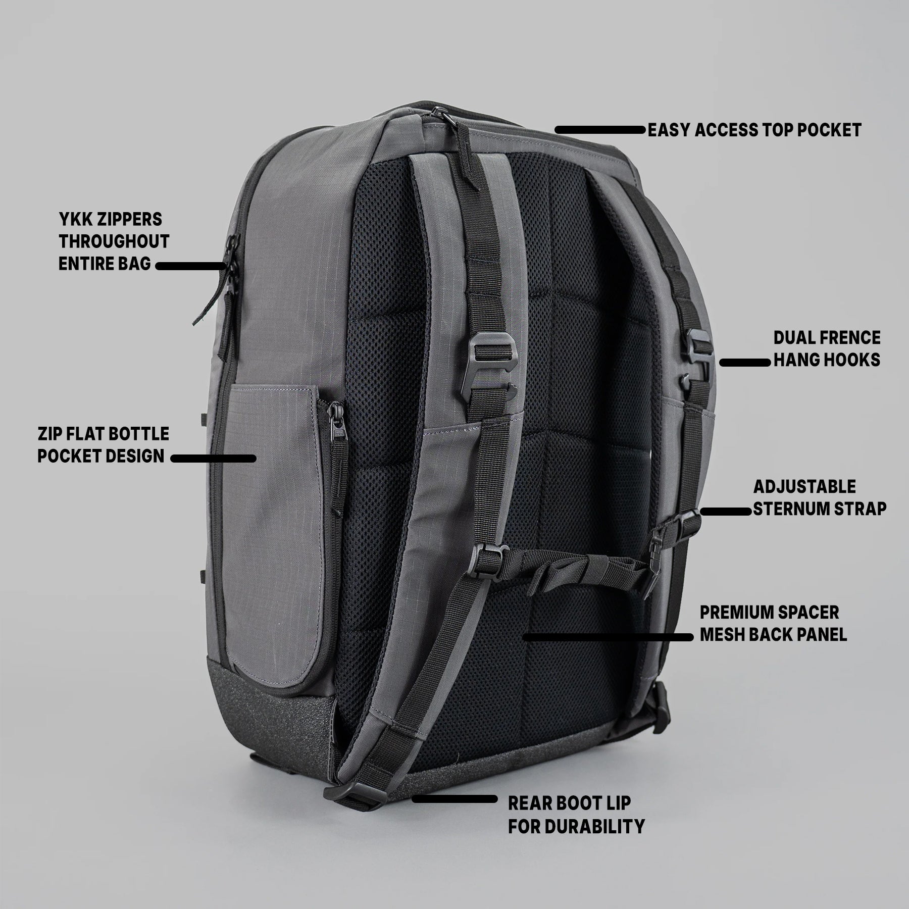 Rear view of FORWRD Ranger backpack in charcoal showing padded straps, mesh back panel, sternum strap, and zip flat bottle pocket design