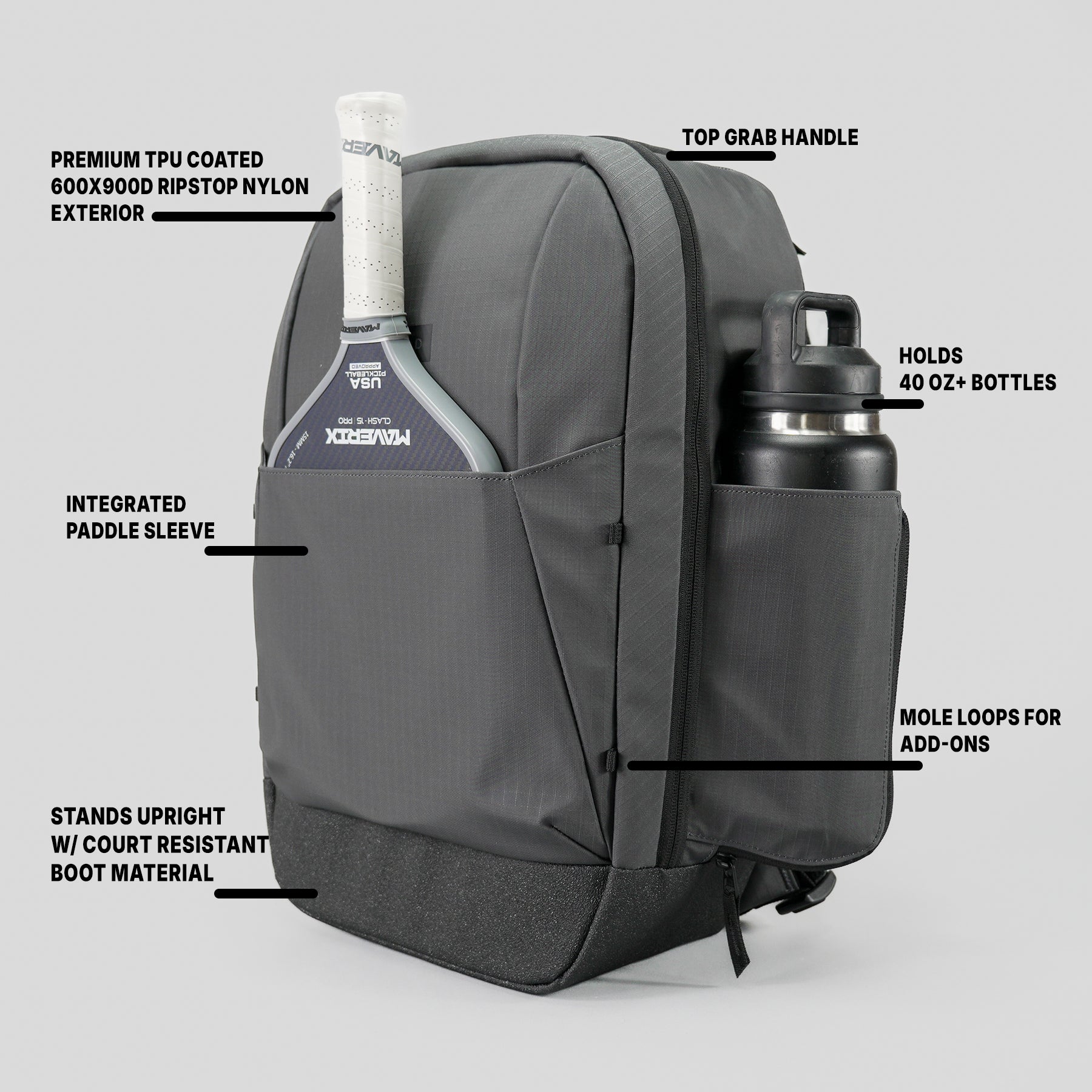 Side view of FORWRD Ranger pickleball backpack featuring paddle sleeve, bottle holder, ripstop nylon, and upright court-ready design