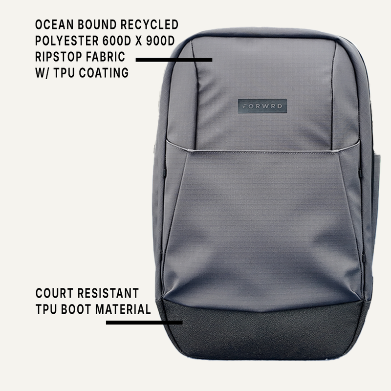 Gray backpack with ocean-bound recycled polyester and TPU coating, highlighted features.