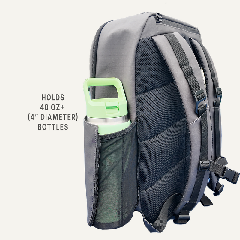 Backpack side view with water bottle holder, fits 40 oz bottles.