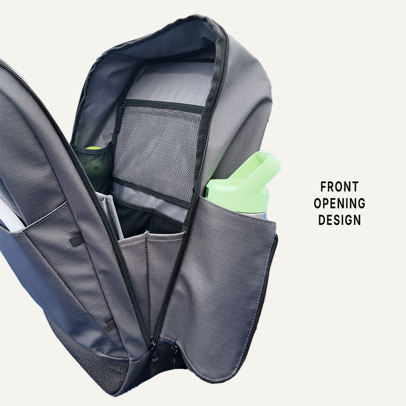 Backpack with front opening design featuring organized compartments and a pocket for a water bottle.