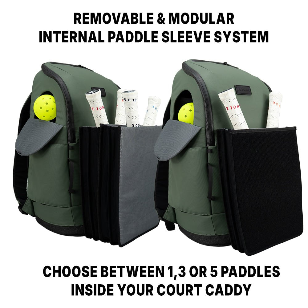 FORWRD Court Caddy pickleball bag with modular internal paddle sleeve system shown holding 1, 3, or 5 paddles and balls
