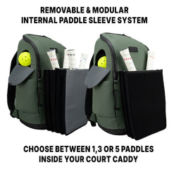 FORWRD Court Caddy pickleball bag with modular internal paddle sleeve system shown holding 1, 3, or 5 paddles and balls
