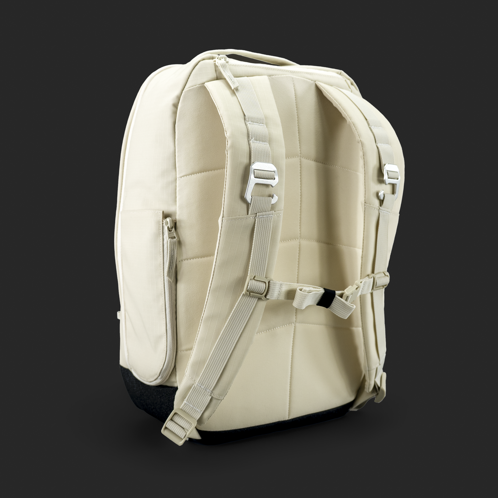 Rear view of bone FORWRD Ranger pickleball bag showing padded straps, metal fence hooks, and sternum strap for comfortable carry
